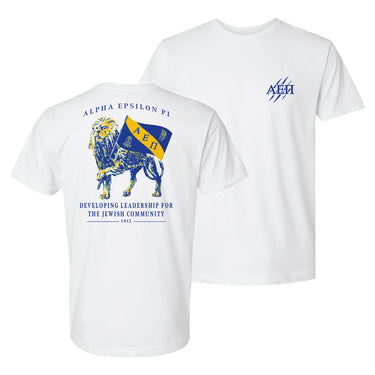 White short sleeve t-shirt featuring a bold Alpha Epsilon Pi (AEPi) lion graphic on the back holding the AEPi flag, with the text ÒDeveloping Leadership for the Jewish Community Ð 1913,Ó and claw mark ___ logo on the front left chest.