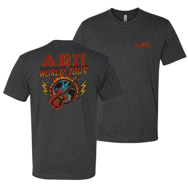 Charcoal t-shirt called the Alpha Epsilon Pi World Tour tee with vintage rock-inspired design, bold AEPi letters on front, and fiery guitar graphic on back.