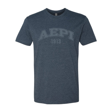 Navy heather crew-neck tee with a subtle tonal arched ÒAEPiÓ print on the chest