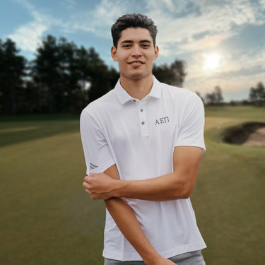 New! AEPi White Adidas Golf Polo With Greek Letters Alpha Epsilon Pi