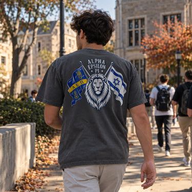 College-aged male wearing a charcoal Comfort Colors tee featuring a detailed lion graphic between fraternity and Israeli flags, photographed from behind on a college campus.