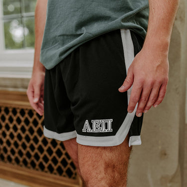AEPi Greek Fraternity Black 7" Mesh Shorts with Greek letters.