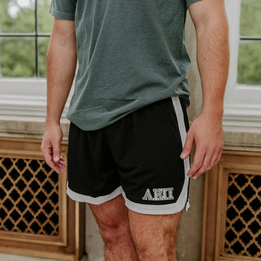 Alpha Epsilon Pi Fraternity Black 7" Mesh Shorts with Greek letters.