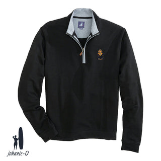 A black johnnie-O quarter-zip pullover with a gray collar and leather zipper pull, featuring an embroidered fraternity crest on the left chest. Displayed on a white background with the johnnie-O logo in the bottom corner.