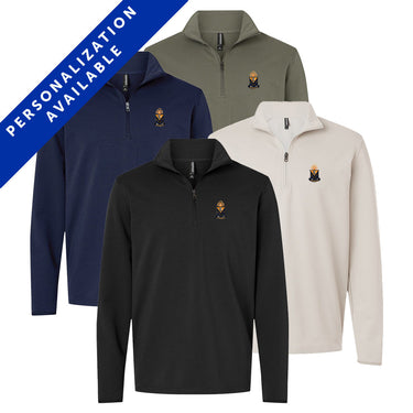 Four Alpha Epsilon Pi Embroidered Luxe Quarter Zips in black, smoke, navy, and pine colors with crest embroidery on the left chest. Banner reads Personalization Available.