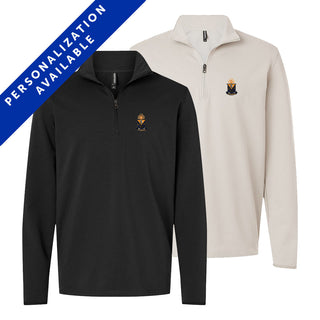Two Alpha Epsilon Pi Embroidered Luxe Quarter Zips in black and smoke colors with crest embroidery on the left chest. Banner reads Personalization Available.
