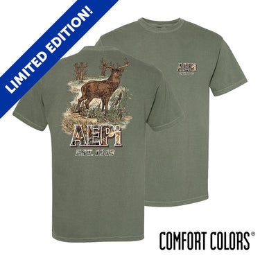 Front and back view of moss green Comfort Colors T-shirt featuring woodland deer back graphic and small chest print.