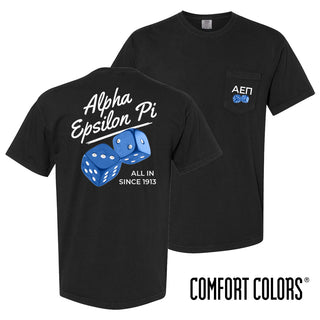 Comfort Colors High Roller Tee shown front and back, featuring a small dice graphic on the chest pocket and a large casino-inspired dice design on the back.