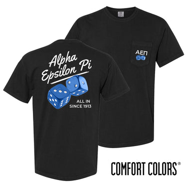 Comfort Colors High Roller Tee shown front and back, featuring a small dice graphic on the chest pocket and a large casino-inspired dice design on the back.
