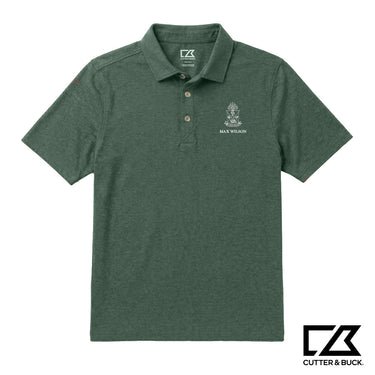 Green heathered Cutter & Buck polo featuring an embroidered crest and personalized name on the chest.