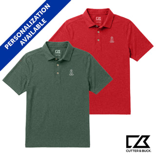 Two heathered Cutter & Buck polo shirts in green and red with embroidered crest detail and personalization available.
