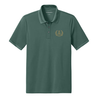 Front view of Green polo featuring embroidered laurel design.