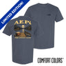 Front and back view of a blue Comfort Colors graphic t-shirt with vintage lake-inspired artwork