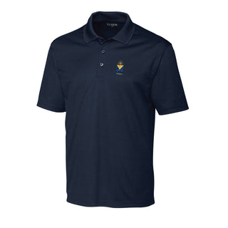 Fraternity polo with coat of arms embroidered on left chest.