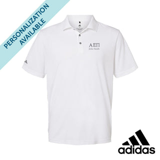 New! AEPi White Adidas Golf Polo With Greek Letters Alpha Epsilon Pi