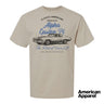 Beige T-shirt displayed on a plain background with a vintage-inspired graphic of a classic muscle car, mixed typography, and a soft red and black print design.