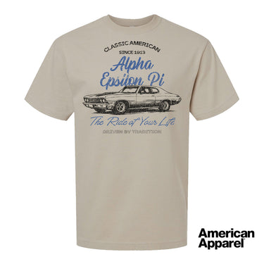 Beige T-shirt displayed on a plain background with a vintage-inspired graphic of a classic muscle car, mixed typography, and a soft red and black print design.