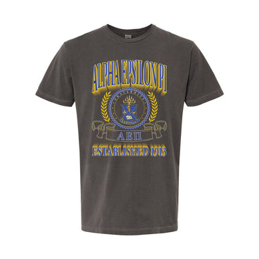 College-aged male wearing the fraternity Collegiate Crest Graphic Tee in charcoal grey, featuring vintage Alpha Epsilon Pi crest artwork on campus.