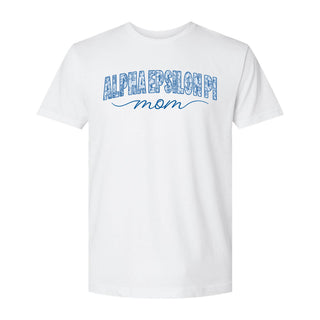 Front view of white t-shirt featuring daisy flower mom graphic.