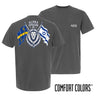 Charcoal Comfort Colors pocket tee featuring white Greek lettering on the front pocket and a detailed lion and crossed flags design on the back.