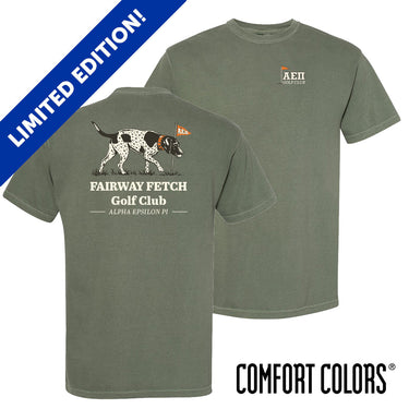 Front and back view of moss green Comfort Colors T-shirt featuring a vintage-inspired hunting dog mid-fetch, paired with a classic golf flag.