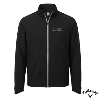 Black Callaway full-zip water-repellent golf jacket with Greek letter embroidery on chest displayed on white background