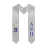 White graduation stole decorated with Greek letters and Coat of Arms