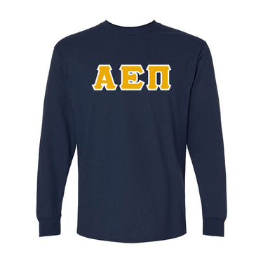 AEPi Navy Long Sleeve Tee with Gold and White Sewn On Letters