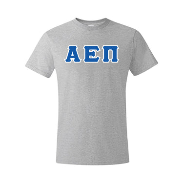 AEPi Grey Short Sleeve Tee with Blue and White Sewn On Letters